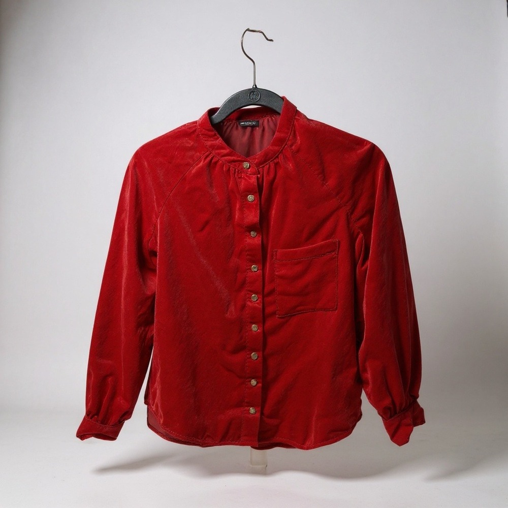 Pilcro Red Velvet Mock Neck Button Front Blouse‎ Women's XSP